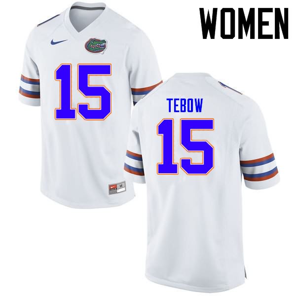 Women's NCAA Florida Gators Tim Tebow #15 Stitched Authentic Nike White College Football Jersey BNF6565WL